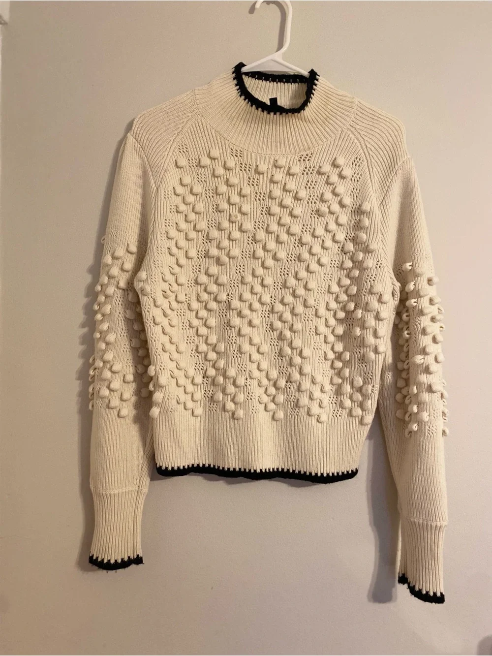 BCBGMaxAzria Cream Pom-Pom Knit Sweater with Black Trim - Picture 2 of 6